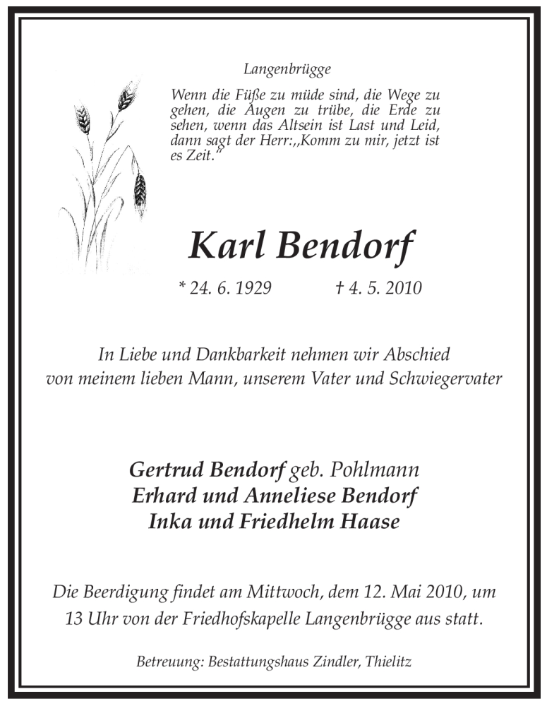  Traueranzeige für Karl Bendorf vom 06.05.2010 aus ALLGEMEINE ZEITUNG UELZEN