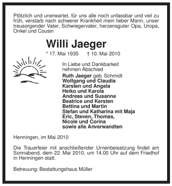 Traueranzeige von Willi Jaeger von ALLGEMEINE ZEITUNG UELZEN