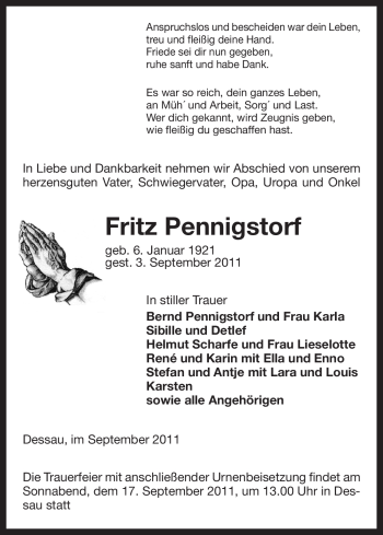 Traueranzeige von Fritz Pennigstorf von ALLGEMEINE ZEITUNG UELZEN