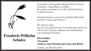 Traueranzeige von Friedrich-Wilhelm Schulze von ALLGEMEINE ZEITUNG UELZEN