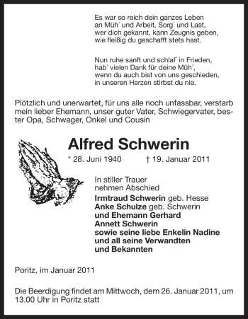 Traueranzeige von Alfred Schwerin von ALLGEMEINE ZEITUNG UELZEN