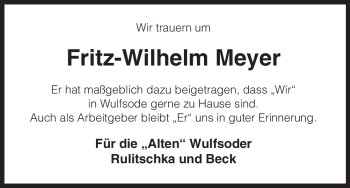 Traueranzeige von Fritz-Wilhelm Meyer von ALLGEMEINE ZEITUNG UELZEN