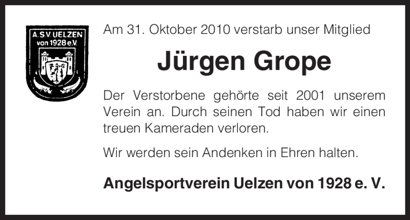  Traueranzeige für Jürgen Grope vom 04.11.2010 aus ALLGEMEINE ZEITUNG UELZEN