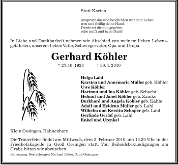 Traueranzeige von Gerhard Köhler von ALLGEMEINE ZEITUNG UELZEN