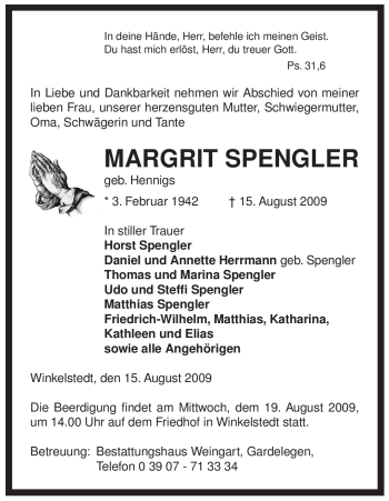 Traueranzeige von Margrit Spengler von ALLGEMEINE ZEITUNG UELZEN