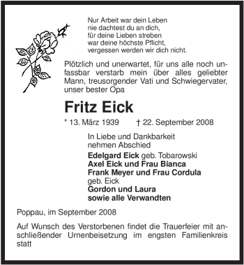 Traueranzeige von Fritz Eick von ALLGEMEINE ZEITUNG UELZEN