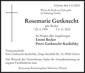 Traueranzeige von Rosemarie Gutknecht von ALLGEMEINE ZEITUNG UELZEN