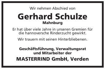 Traueranzeige von Gerhard Schulze von ALLGEMEINE ZEITUNG UELZEN