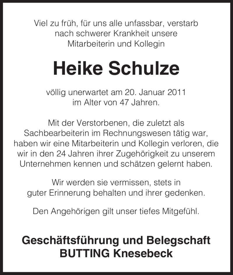  Traueranzeige für Heike Schulze vom 28.01.2011 aus ALLGEMEINE ZEITUNG UELZEN