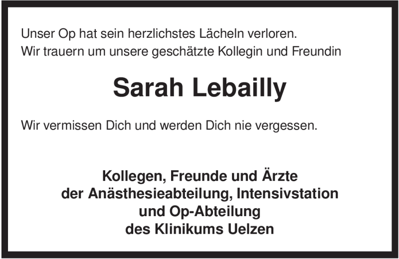  Traueranzeige für Sarah Lebailly vom 28.01.2009 aus ALLGEMEINE ZEITUNG UELZEN