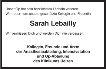 Traueranzeige von Sarah Lebailly von ALLGEMEINE ZEITUNG UELZEN