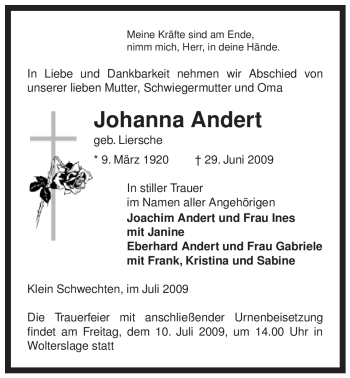 Traueranzeige von Johanna Andert von ALLGEMEINE ZEITUNG UELZEN