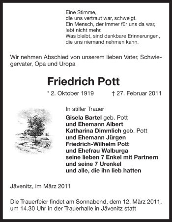 Traueranzeige von Friedrich Pott von ALLGEMEINE ZEITUNG UELZEN