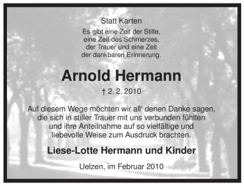 Traueranzeige von Arnold Hermann von ALLGEMEINE ZEITUNG UELZEN