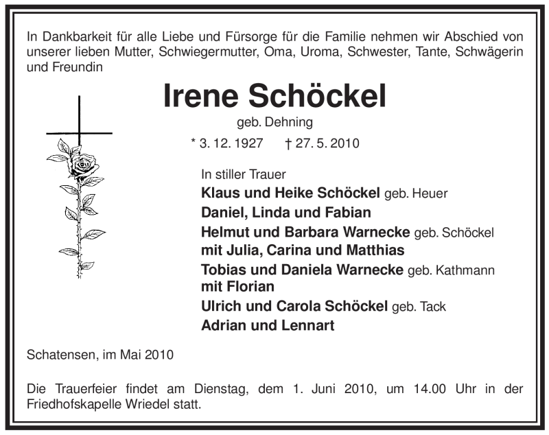  Traueranzeige für Irene Schöckel vom 29.05.2010 aus ALLGEMEINE ZEITUNG UELZEN
