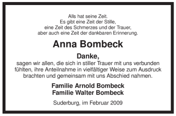 Traueranzeige von Anna Bombeck von ALLGEMEINE ZEITUNG UELZEN