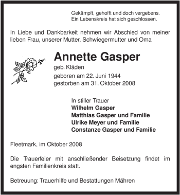 Traueranzeige von Annette Gasper von ALLGEMEINE ZEITUNG UELZEN