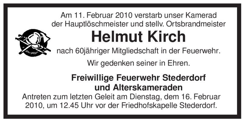  Traueranzeige für Helmut Kirch vom 13.02.2010 aus ALLGEMEINE ZEITUNG UELZEN