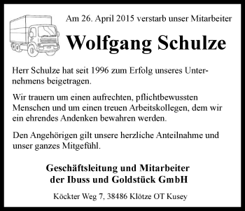 Traueranzeige von Wolfgang Schulze von Uelzen