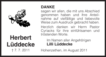 Traueranzeige von Herbert Lüddecke von ALLGEMEINE ZEITUNG UELZEN