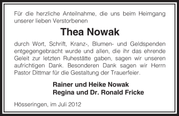 Traueranzeige von Thea Nowak von ALLGEMEINE ZEITUNG UELZEN