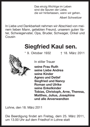 Traueranzeige von Siegfried Kaul sen. von ALLGEMEINE ZEITUNG UELZEN