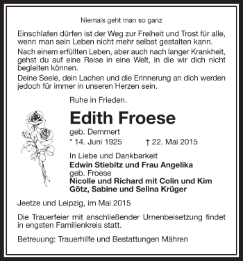 Traueranzeige von Edith Froese von Uelzen