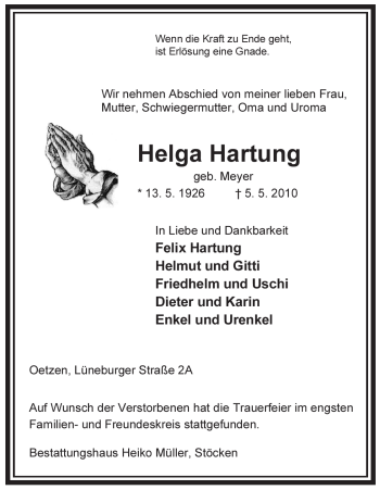 Traueranzeige von Helga Hartung von ALLGEMEINE ZEITUNG UELZEN