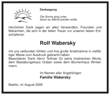 Traueranzeige von Rolf Wabersky von ALLGEMEINE ZEITUNG UELZEN