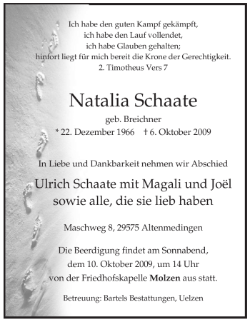 Traueranzeige von Natalia Schaate von ALLGEMEINE ZEITUNG UELZEN