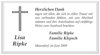 Traueranzeige von Lisa Ripke von ALLGEMEINE ZEITUNG UELZEN