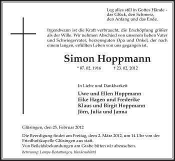 Traueranzeige von Simon Hoppmann von ALLGEMEINE ZEITUNG UELZEN