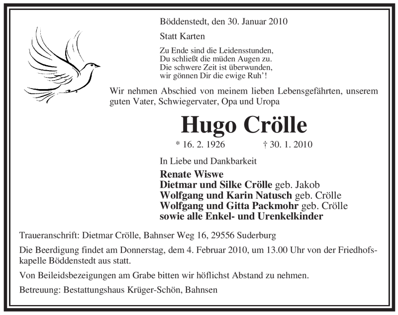  Traueranzeige für Hugo Crölle vom 01.02.2010 aus ALLGEMEINE ZEITUNG UELZEN