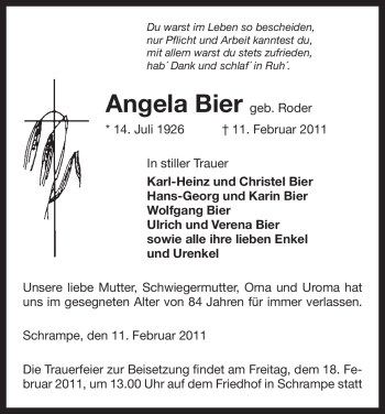 Traueranzeige von Angela Bier von ALLGEMEINE ZEITUNG UELZEN