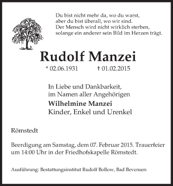 Traueranzeige von Rudolf Manzei von Uelzen