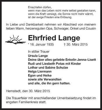 Traueranzeige von Ehrfried Lange von Uelzen