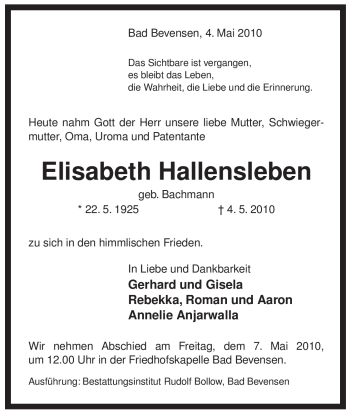 Traueranzeige von Elisabeth Hallensleben von ALLGEMEINE ZEITUNG UELZEN