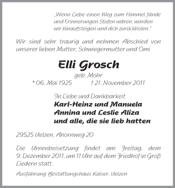 Traueranzeige von Elli Grosch von ALLGEMEINE ZEITUNG UELZEN