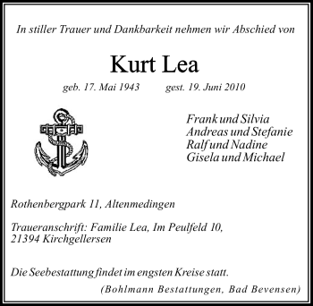 Traueranzeige von Kurt Lea von ALLGEMEINE ZEITUNG UELZEN