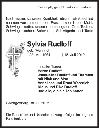 Traueranzeige von Sylvia Rudloff von ALLGEMEINE ZEITUNG UELZEN