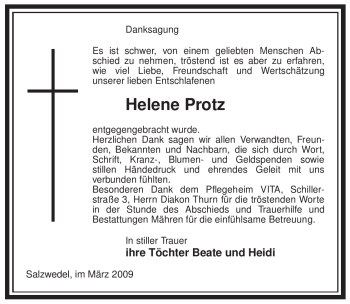 Traueranzeige von Helene Protz von ALLGEMEINE ZEITUNG UELZEN