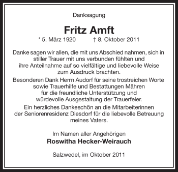 Traueranzeige von Fritz Amft von ALLGEMEINE ZEITUNG UELZEN