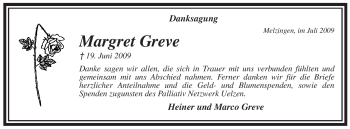 Traueranzeige von Margret Greve von ALLGEMEINE ZEITUNG UELZEN