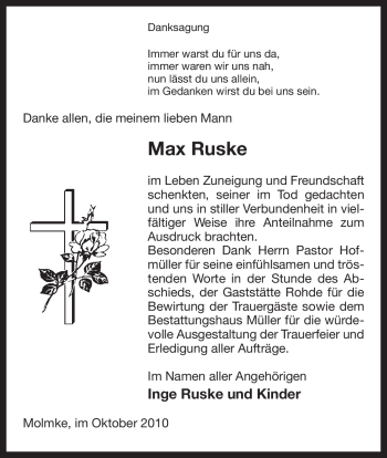 Traueranzeige von Max Ruske von ALLGEMEINE ZEITUNG UELZEN