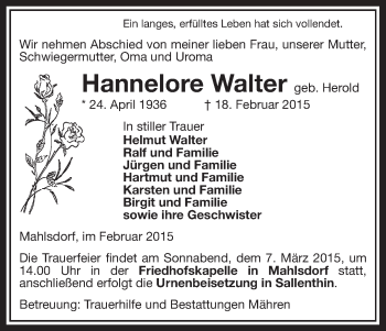 Traueranzeige von Hannelore Walter von Uelzen