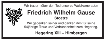 Traueranzeige von Friedrich Wilhelm Gause von ALLGEMEINE ZEITUNG UELZEN