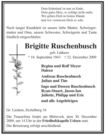 Traueranzeige von Brigitte Ruschenbusch von ALLGEMEINE ZEITUNG UELZEN