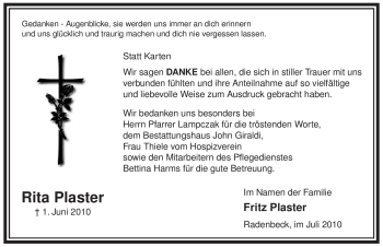 Traueranzeige von Rita Plaster von ALLGEMEINE ZEITUNG UELZEN