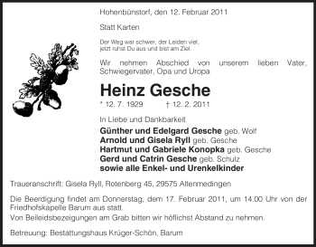 Traueranzeige von Heinz Gesche von ALLGEMEINE ZEITUNG UELZEN