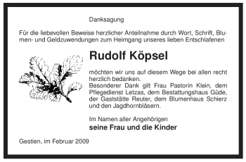 Traueranzeige von Rudolf Köpsel von ALLGEMEINE ZEITUNG UELZEN